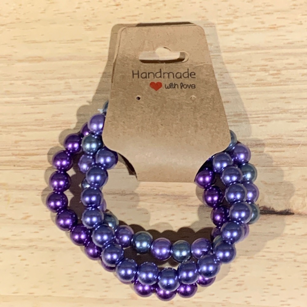 Handmade Beaded Bracelet Set Women Purple Glass Faux Pearl Stretch Stackable